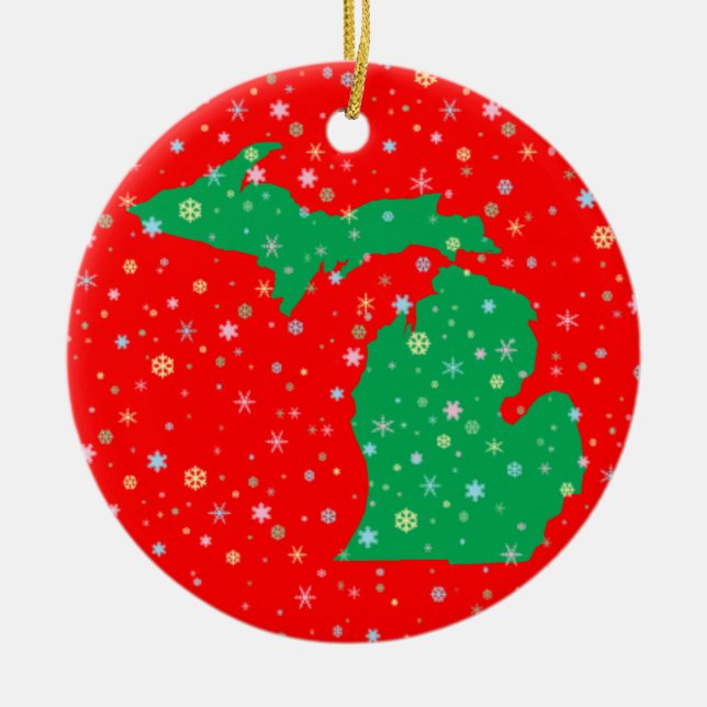 Festive Green and Red Map of Michigan Snowflakes Ceramic Ornament (Front)