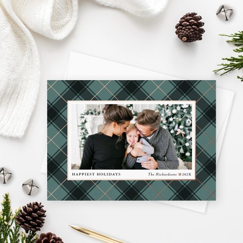 Festive Green and Rose Gold Tartan Plaid Photo Foil Holiday Card