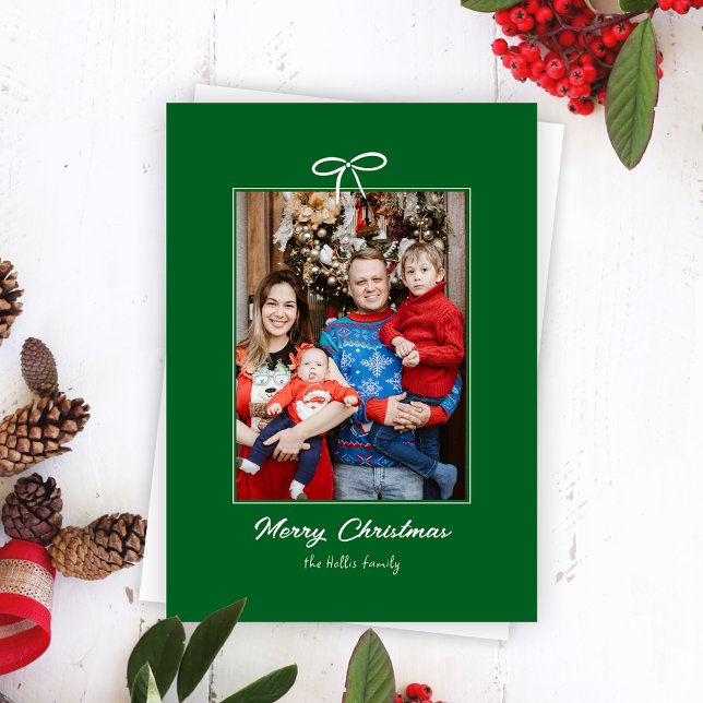 Festive Green and White Bow Christmas Photo  Holiday Card (Creator Uploaded)
