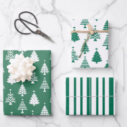 Festive Green and White Christmas Tree Pattern Wrapping Paper Sheets