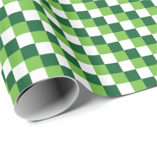 Festive Green and White Tri-Color Checks Wrapping Paper