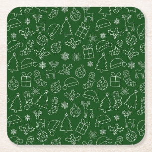Festive Green and White Winter Christmas Pattern Square Paper Coaster