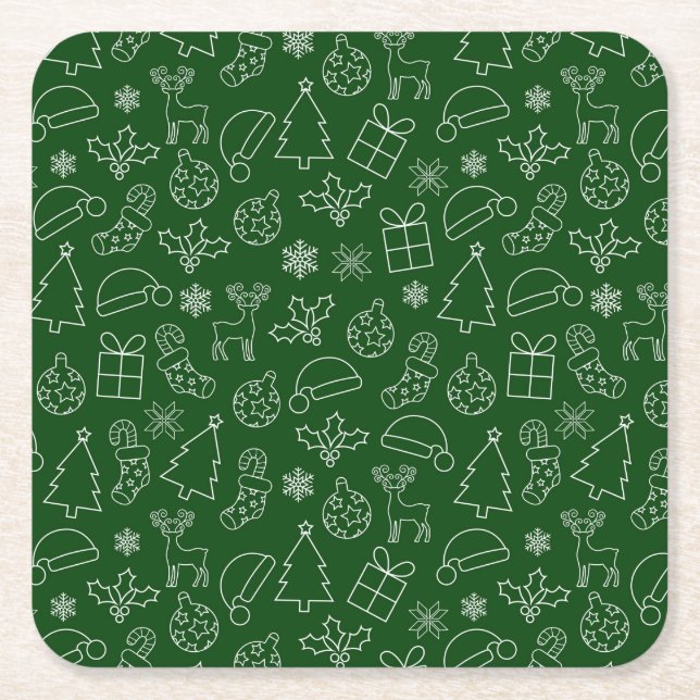 Festive Green and White Winter Christmas Pattern Square Paper Coaster (Front)