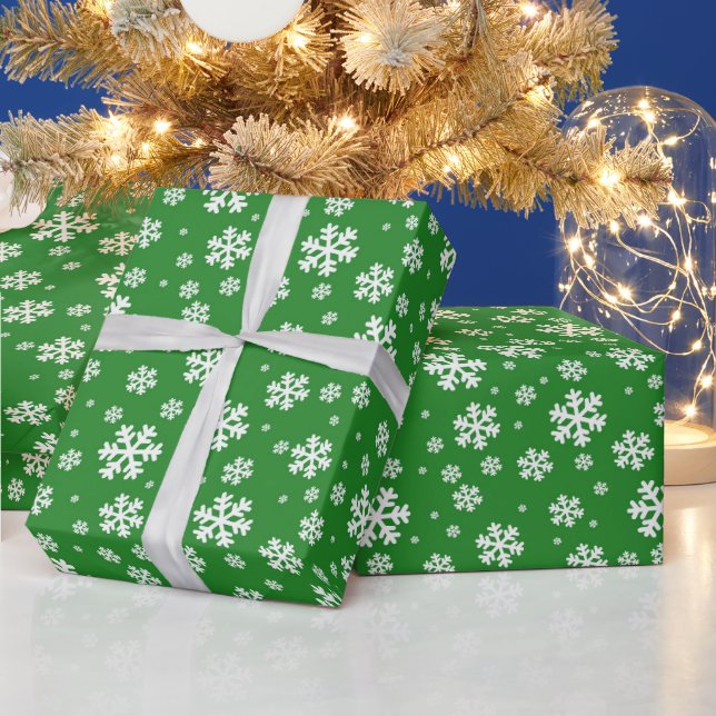 Festive Green and White Winter Snowflakes Pattern Wrapping Paper (Holidays)
