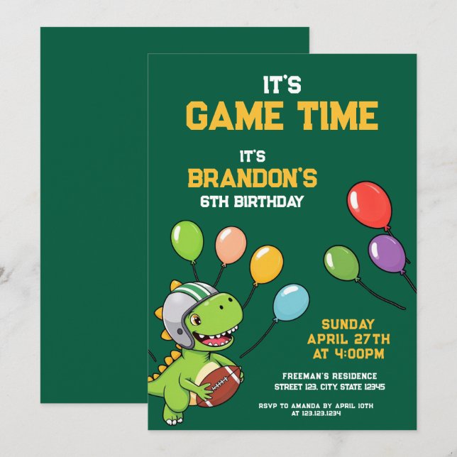 Festive Green and Yellow Dinosaur Kids Birthday Invitation (Front/Back)