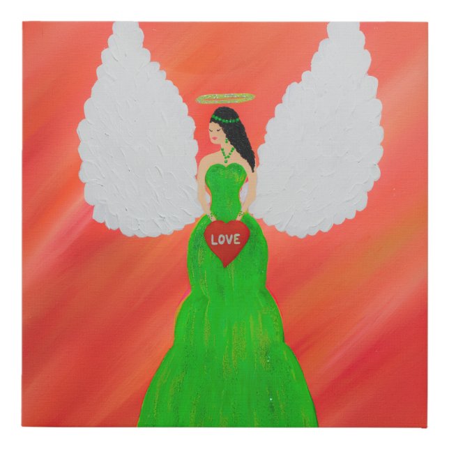 Festive Green Angel Holding’ LOVE’ Heart  Faux Canvas Print (Front)