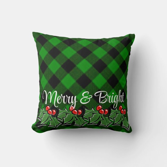 Festive green black plaid holly leaves berries throw pillow (Front)