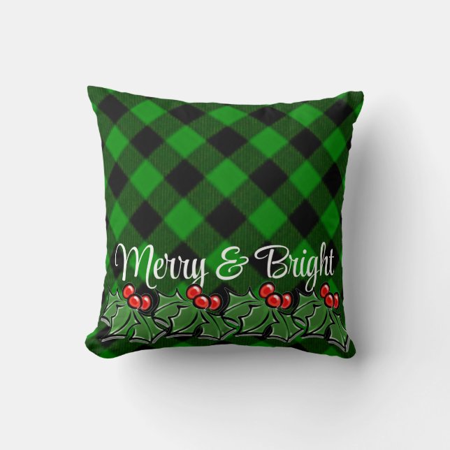 Festive green black plaid holly leaves berries throw pillow (Front)