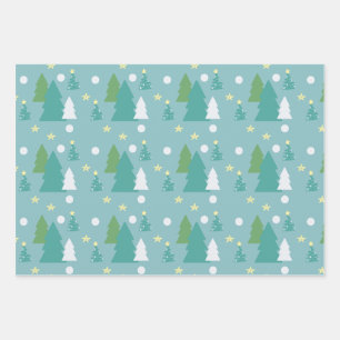 Festive Green & Blue Christmas Trees Wrapping Paper Sheets