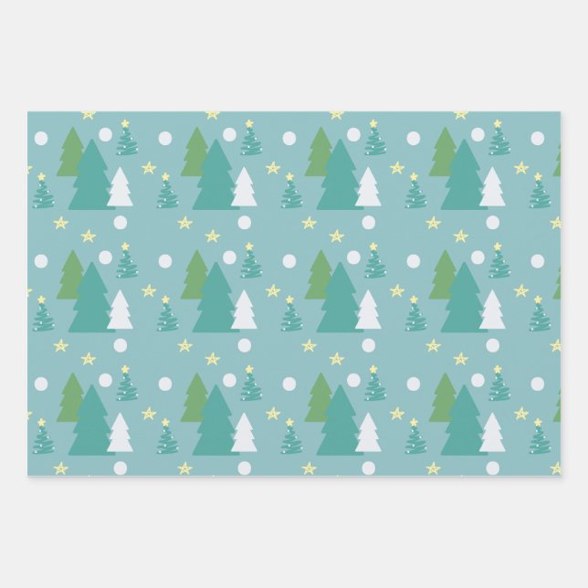 Festive Green & Blue Christmas Trees Wrapping Paper Sheets (Front)