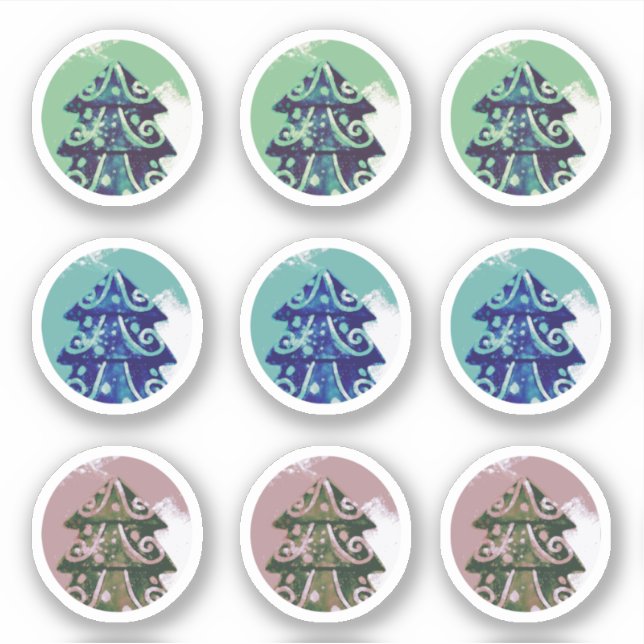 Festive Green Blue Decorated Christmas Tree Sticker (Front)