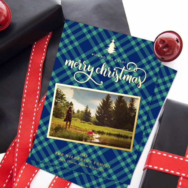 Festive Green & Blue Plaid Photo Foil Holiday Card (Creator Uploaded)