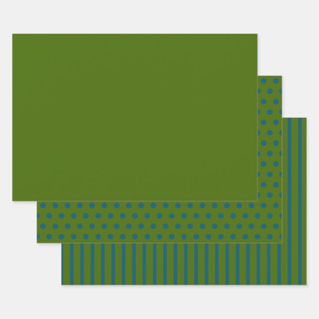Festive Green Blue Polka Dots Stripes Solid Wrapping Paper Sheets (Set)