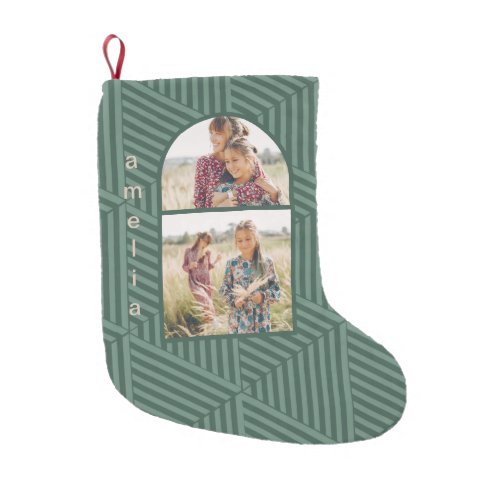 Festive Green Boho Geometric Two Photo Small Christmas Stocking