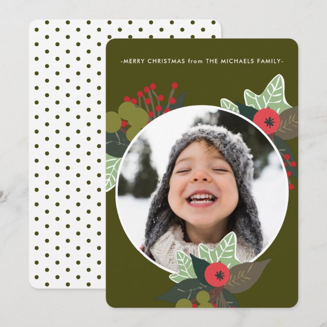 Festive Green Botanical Circle Photo Christmas Holiday Card (Front/Back)