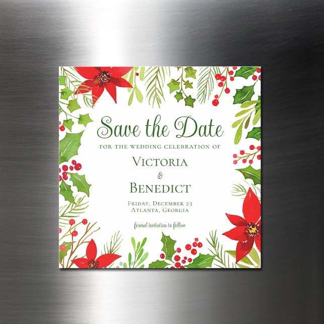 Festive Green Botanical Holiday Save the Date Magnetic Invitation (Creator Uploaded)