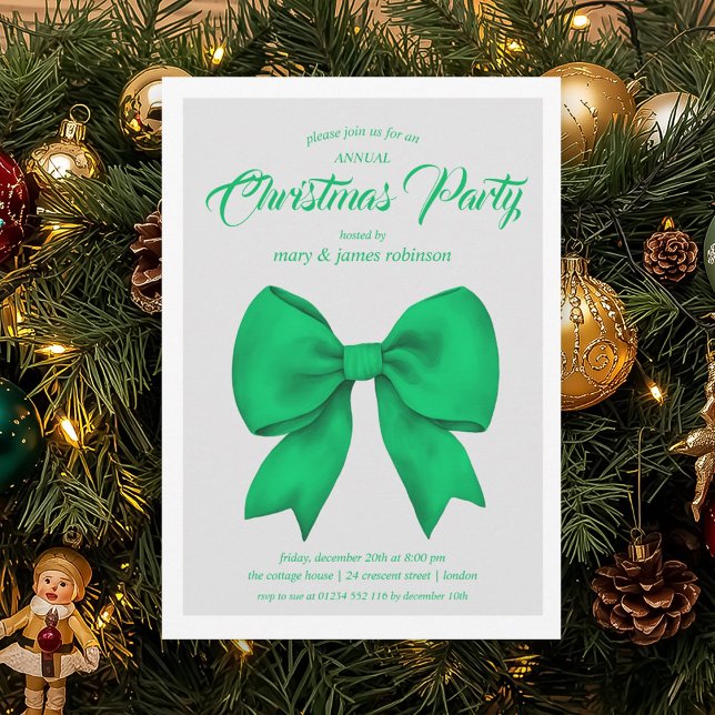 Festive Green Bow Christmas Holiday Party  Invitation (Festive Green Bow Christmas Holiday Party Invitation)