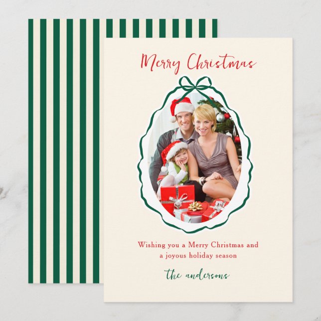 Festive Green Bow Frame Photo Christmas   Holiday Card (Front/Back)