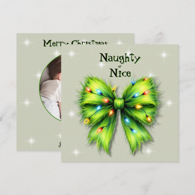 Festive Green Bow-Lights Naughty or Nice Photo Holiday Card (Front/Back)