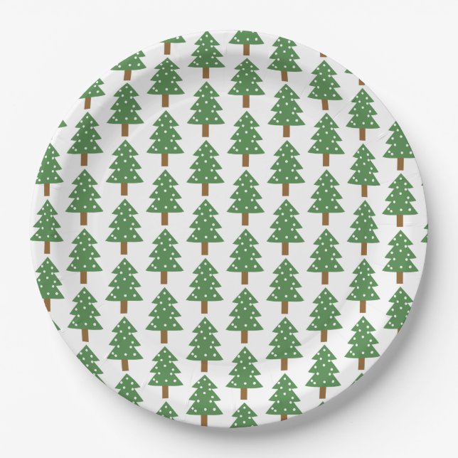 Festive Green Brown Christmas Trees Pattern Paper Plates (Front)