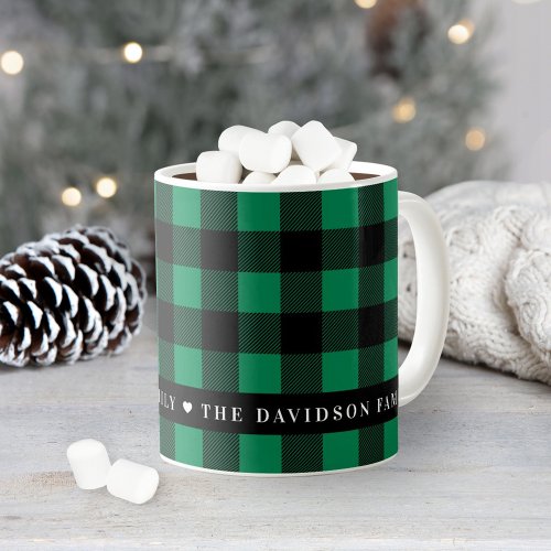 Festive Green Buffalo Plaid Custom Family Monogram Coffee Mug