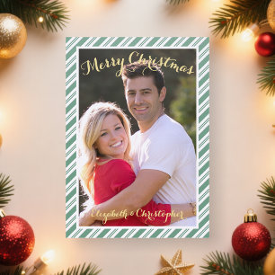 Festive Green Candy Cane Merry Christmas Holiday Letterpress Photo Cards