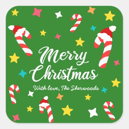 Festive Green Candy Cane Pattern Merry Christmas Square Sticker