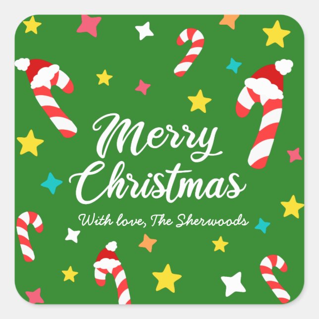 Festive Green Candy Cane Pattern Merry Christmas Square Sticker (Front)