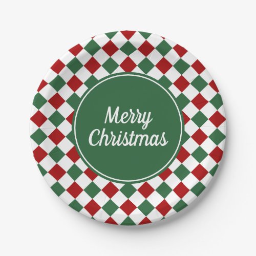 Festive Green Checked Merry Christmas Paper Plates