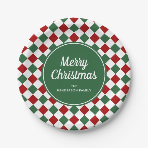 Festive Green Checked Merry Christmas Paper Plates