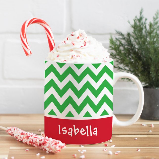 Festive Green Chevron Christmas Custom Name Coffee Mug (Creator Uploaded)