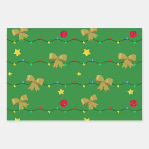 Festive Green Christmas Lights & Gold Bows Wrapping Paper Sheets