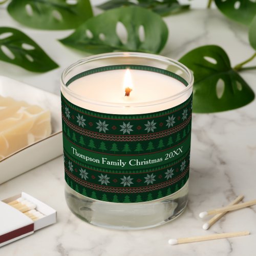 Festive Green Christmas Pattern Personalized Scented Candle