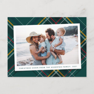 Festive green Christmas plaid one photo Holiday Postcard