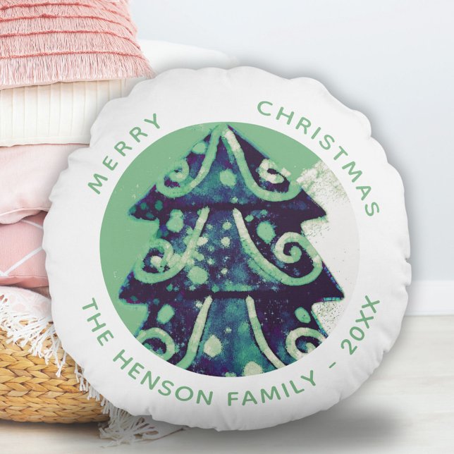 Festive Green Christmas Tree Family Holidays Round Pillow (Creator Uploaded)
