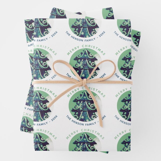 Festive Green Christmas Tree Family Holidays Wrapping Paper Sheets (In situ)
