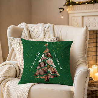 Festive Green Christmas Tree Family Photo Collage Throw Pillow