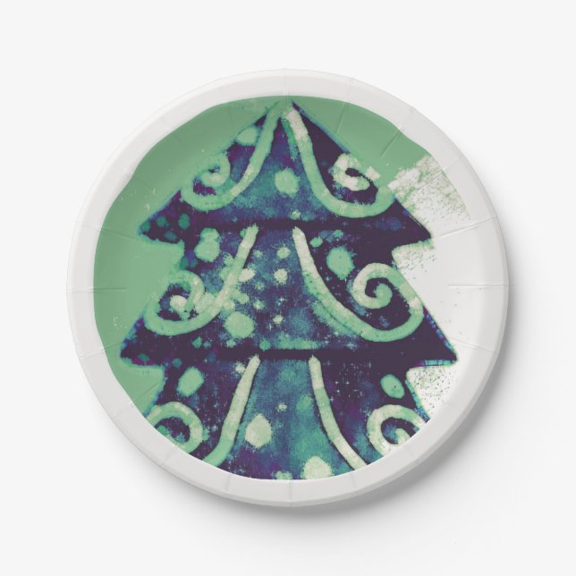 Festive Green Christmas Tree Holidays Paper Plates (Front)