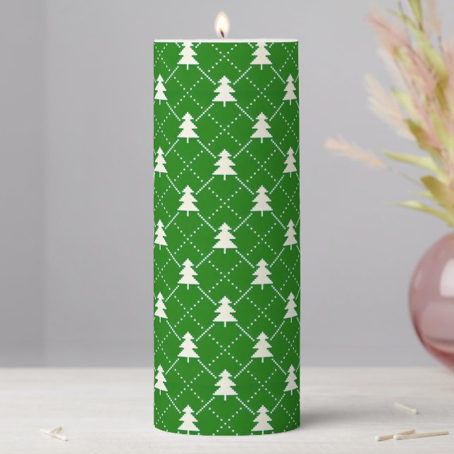 Festive Green Christmas Tree Pattern Pillar Candle (In Situ)