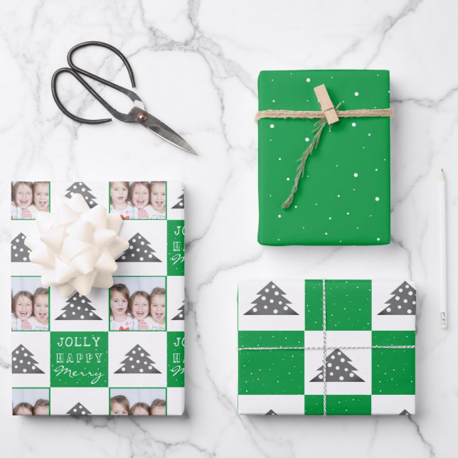 Festive Green Christmas Tree Snow Family Photo Wrapping Paper Sheets (Front)