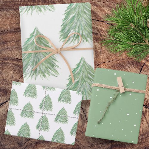 Festive Green Christmas Tree Watercolor Holiday Wrapping Paper Sheets
