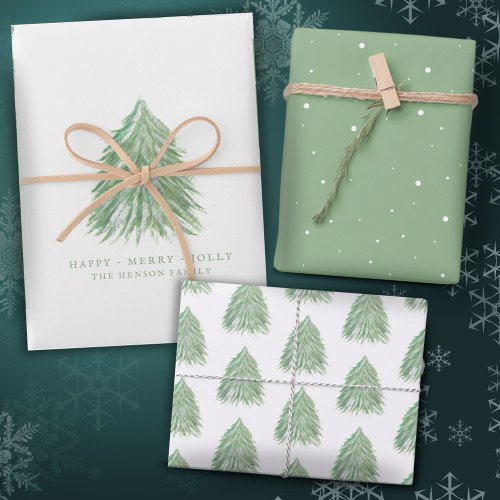 Festive Green Christmas Tree Watercolor Holiday Wrapping Paper Sheets