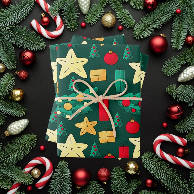 Festive Green Christmas With Holiday Icons Wrapping Paper Sheets (Creator Uploaded)
