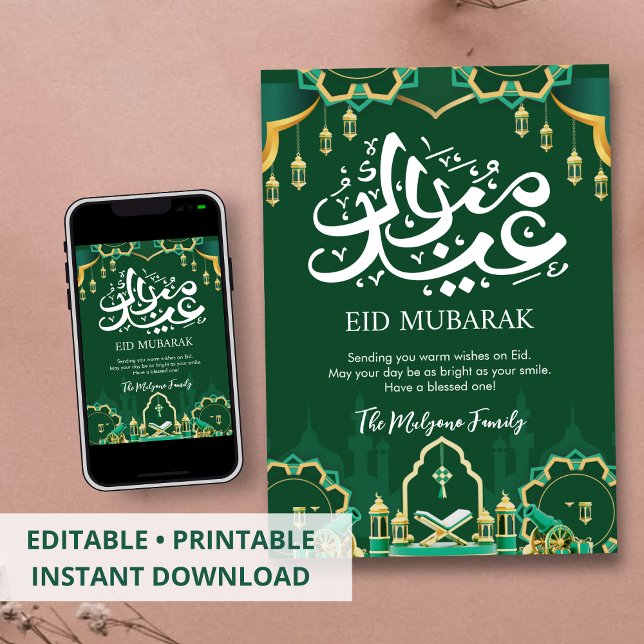 Festive Green Eid Mubarak Card with Cannon (Creator Uploaded)