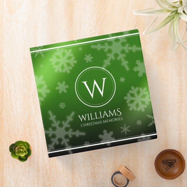 Festive Green Foil Snowflakes Monogram Name 3 Ring Binder (In Situ)