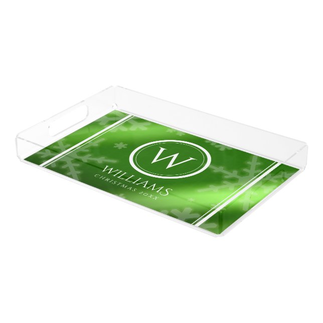 Festive Green Foil Snowflakes Monogram Name Acrylic Tray (Angled)