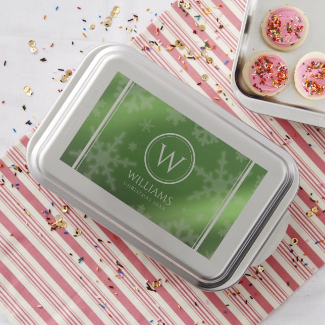 Festive Green Foil Snowflakes Monogram Name Cake Pan (In Situ)