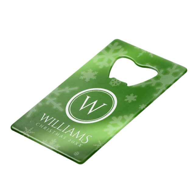 Festive Green Foil Snowflakes Monogram Name Credit Card Bottle Opener (Front Angled)