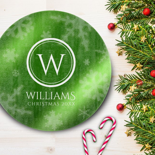 Festive Green Foil Snowflakes Monogram Name Cutting Board (Creator Uploaded)