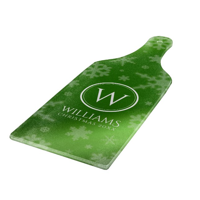 Festive Green Foil Snowflakes Monogram Name Cutting Board (Corner)